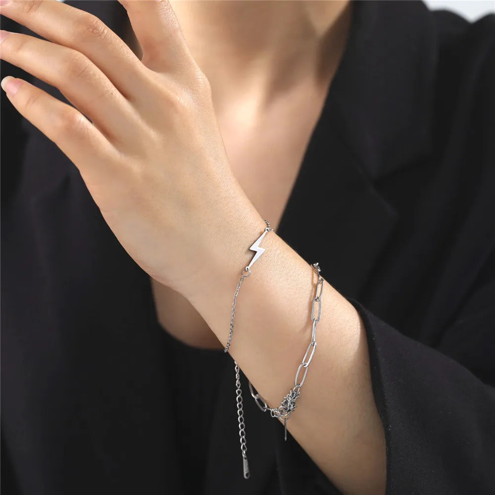 Silver-tone chain lightning bolt charm bracelet with adjustable link chain