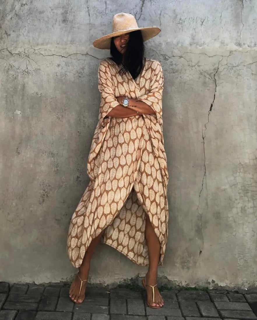 Beige patterned kimono beach cover-up with open front and waist tie, long sleeves