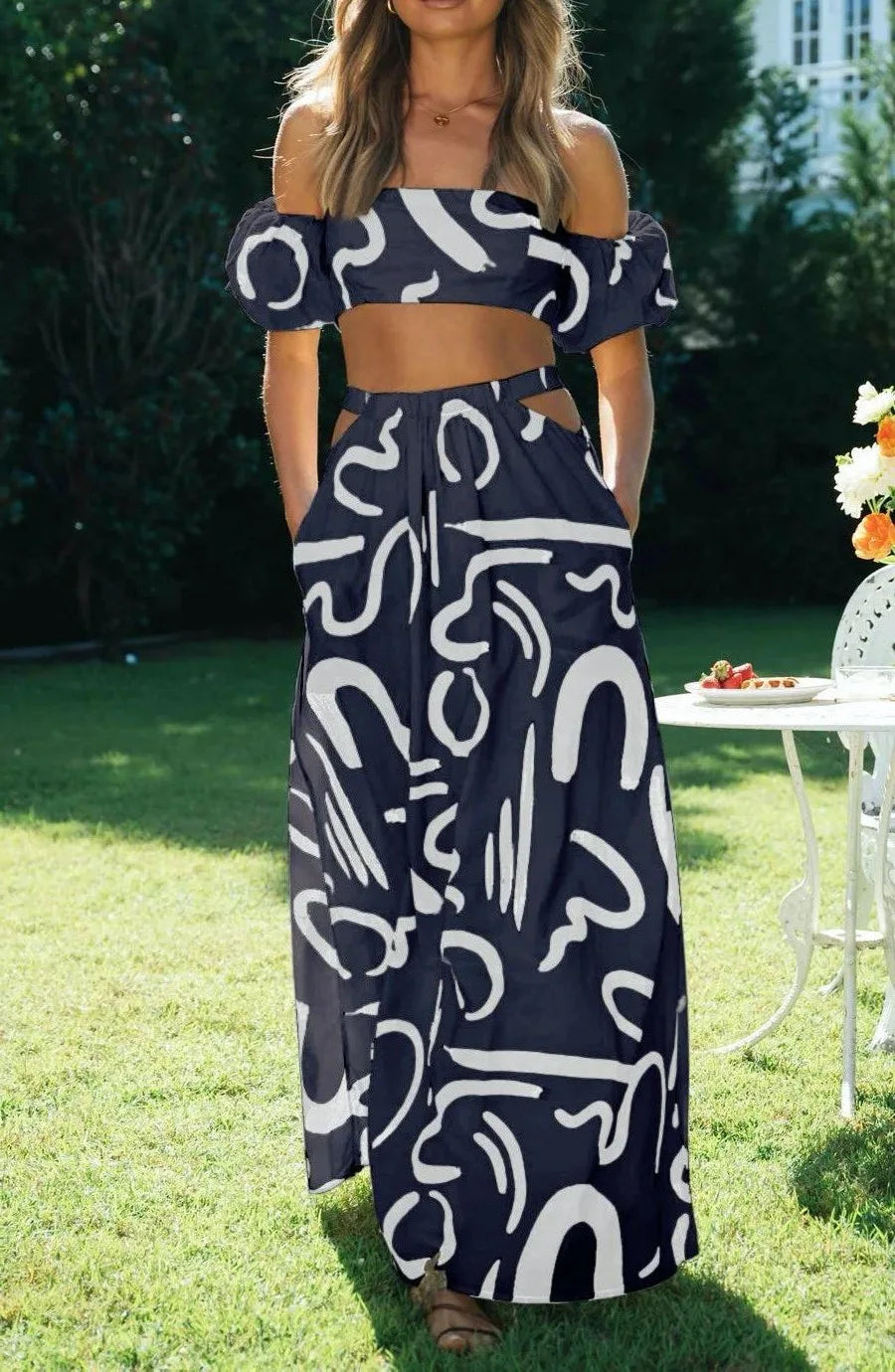 Puff Sleeve Crop Top & Hollow Waist Dress Set