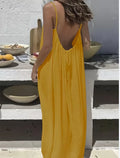 Women's open-back maxi dress with spaghetti straps, loose fit, gathered back (yellow)