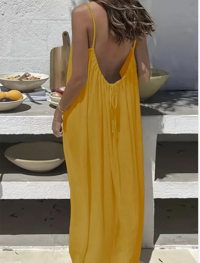 Women's open-back maxi dress with spaghetti straps, loose fit, gathered back (yellow)