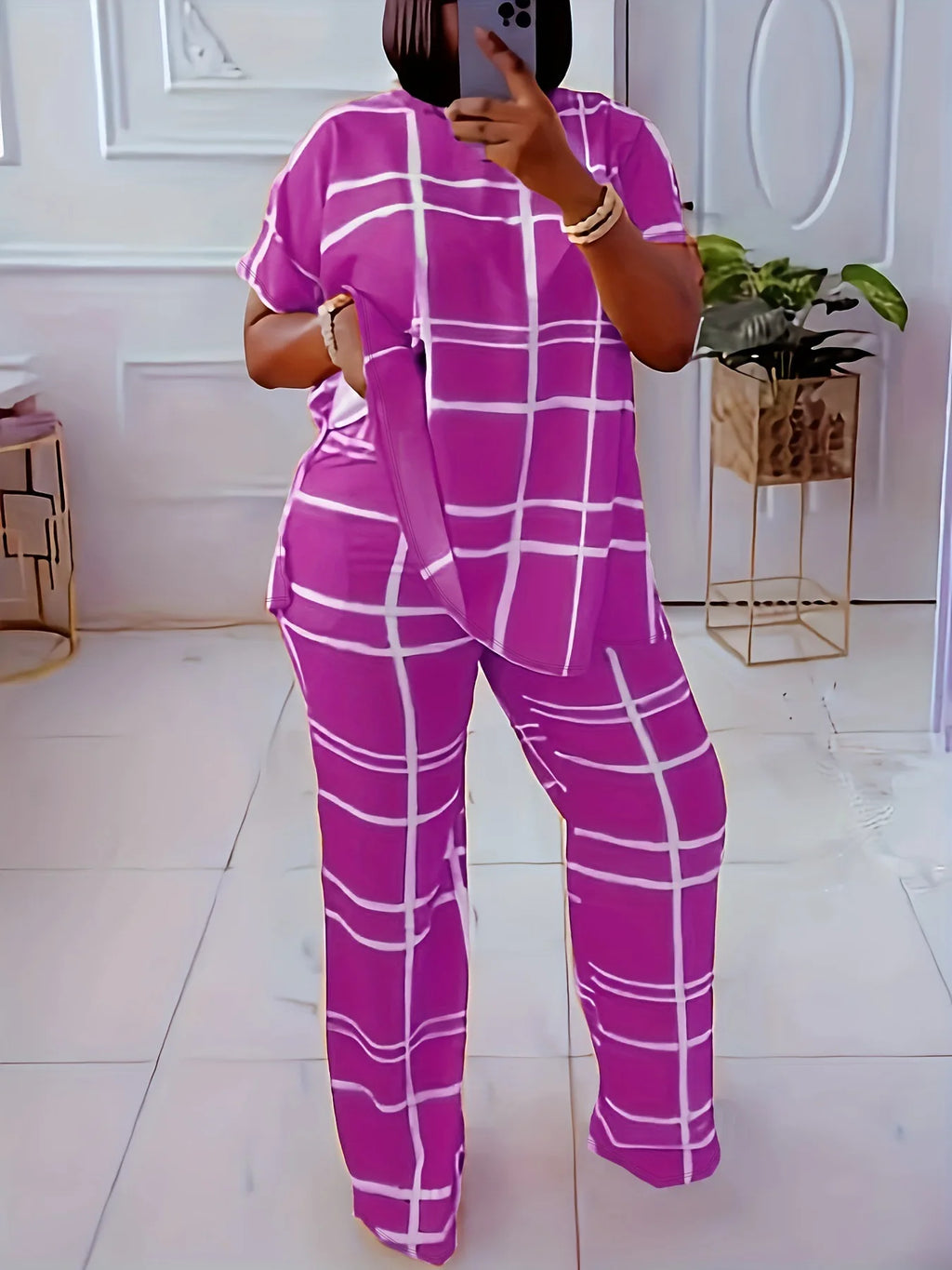 Women's striped grid 2-piece set, purple round-neck top with matching pants