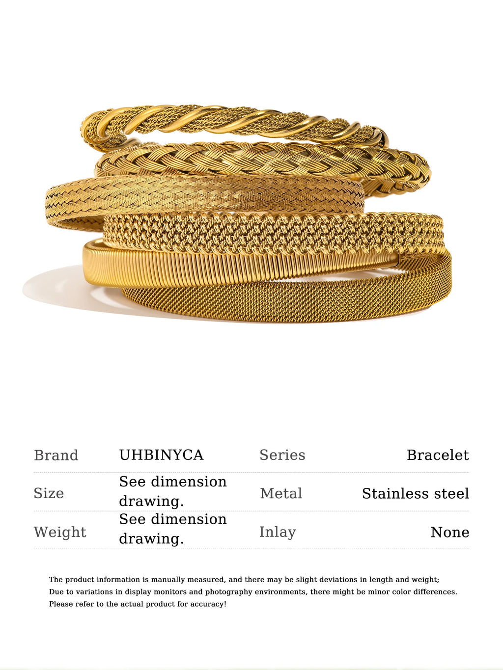Stacked gold open-end woven bracelets with braided, mesh, and ribbed bands