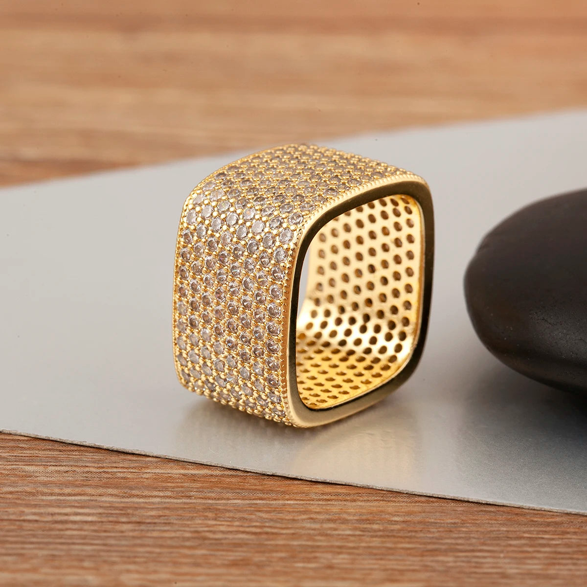 Square open adjustable rhinestone ring with gold sparkle stones and gold-tone interior