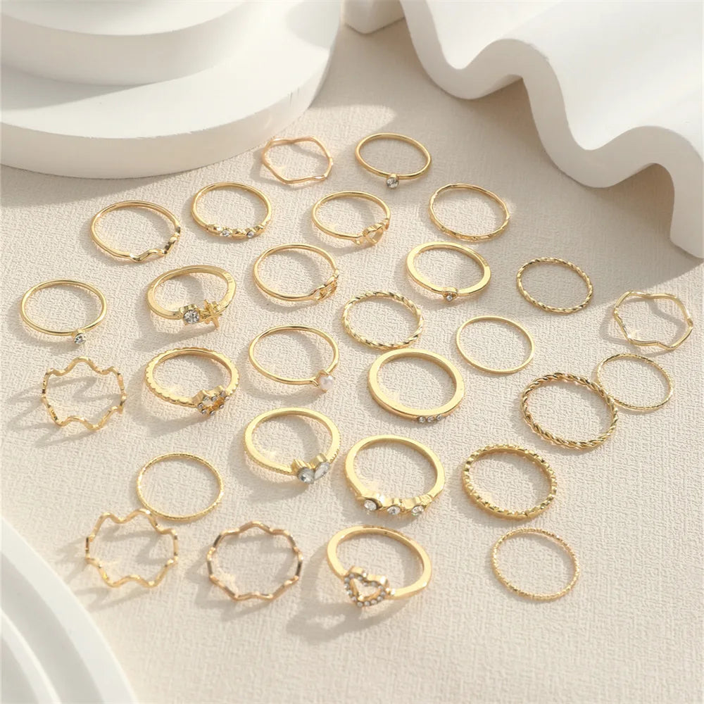 Crystal Wave & Heart Ring Set | Bohemian Stackable Rings for Women