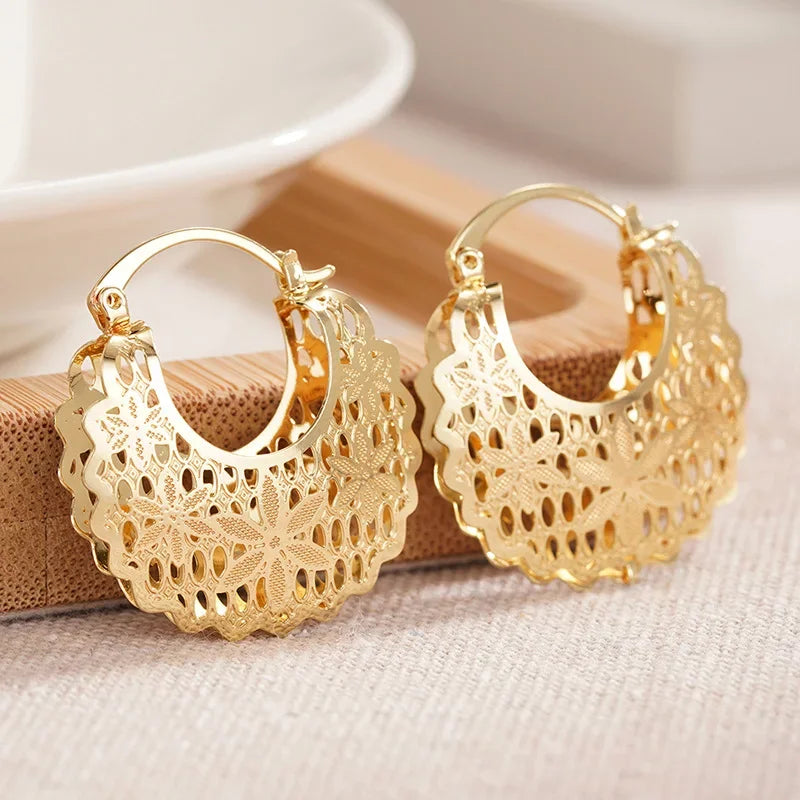 CZ Hollow Flower Hoop Earrings | Elegant Cubic Zirconia Ethnic Style Earrings for Women