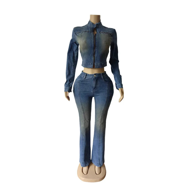 Denim Jacket & Trousers 2-Piece Set | Sexy Club Streetwear for Women