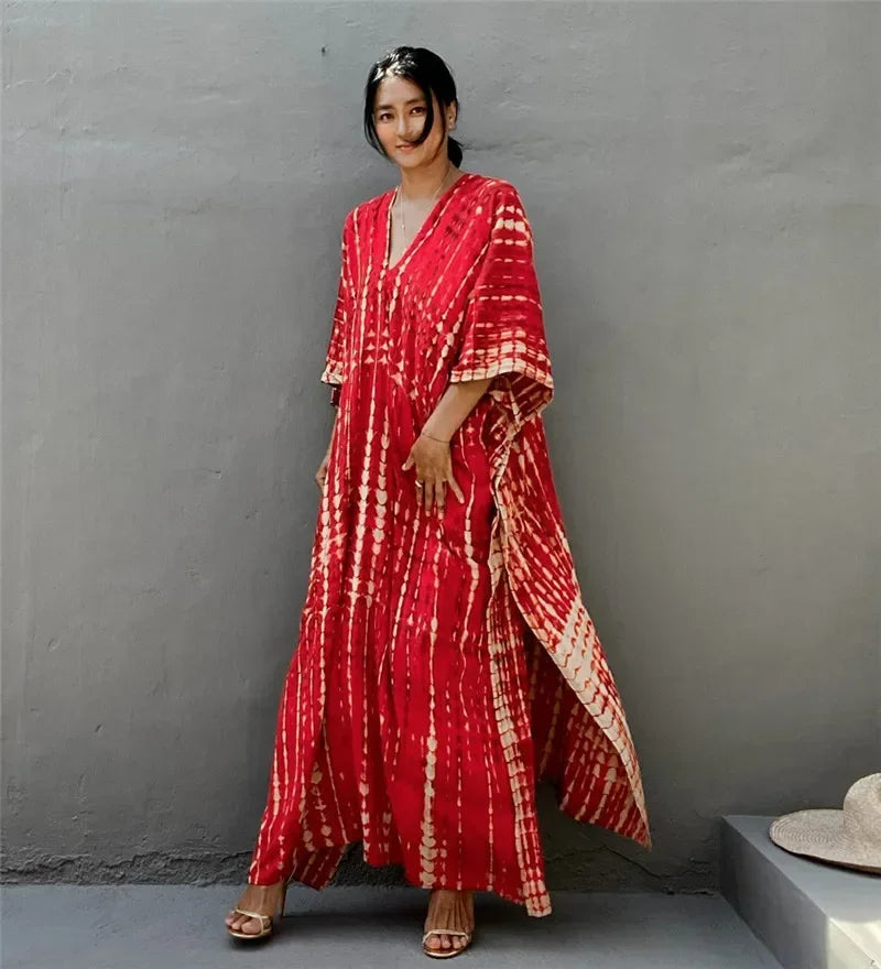 Red printed kaftan cover-up dress with V-neck, three-quarter sleeves and ankle-length fit