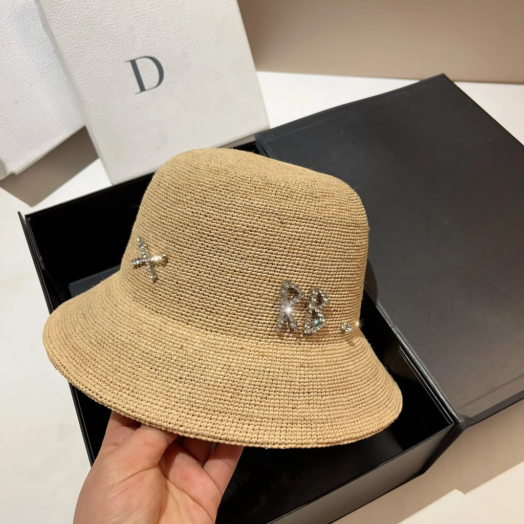 Rhinestone Luxury Raffia Crochet Bucket Hat