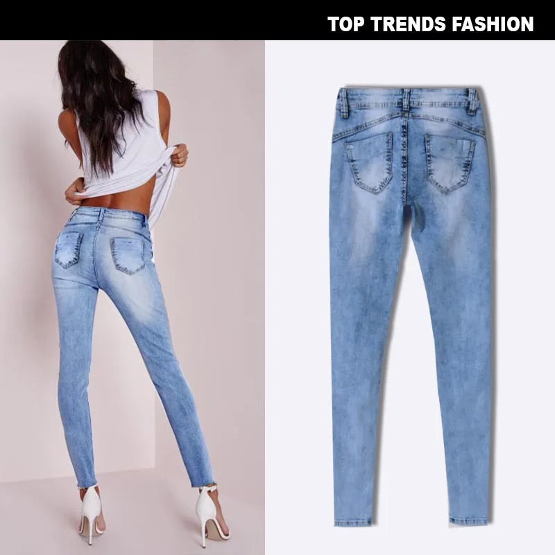 Sky Blue Patchwork Skinny Jeans | Low Waist Stretch Pencil Denim for Women