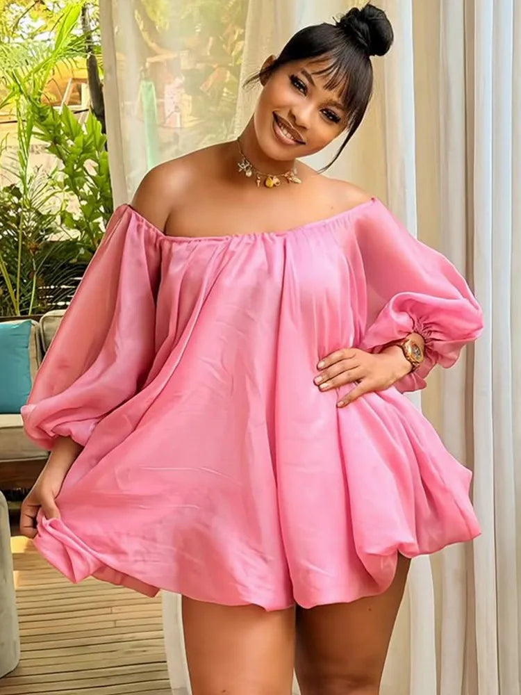 Pink off-shoulder mini dress with gathered neckline and balloon puff sleeves