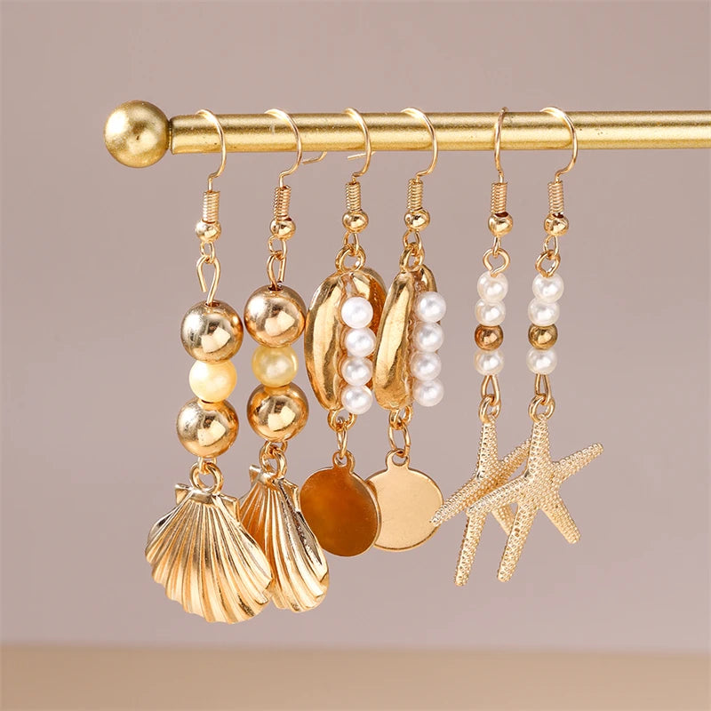 Starfish Shell Drop Earrings Set | 3 Pairs Handmade Beach Jewelry