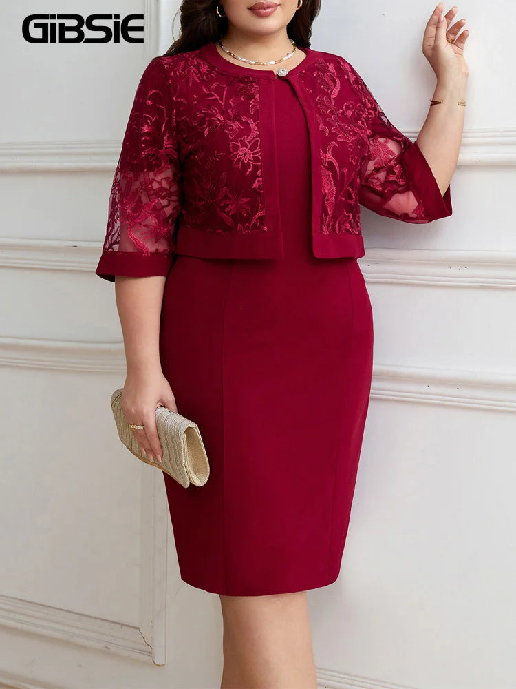 Burgundy plus-size bodycon dress with sheer lace jacket overlay, 3/4 sleeves