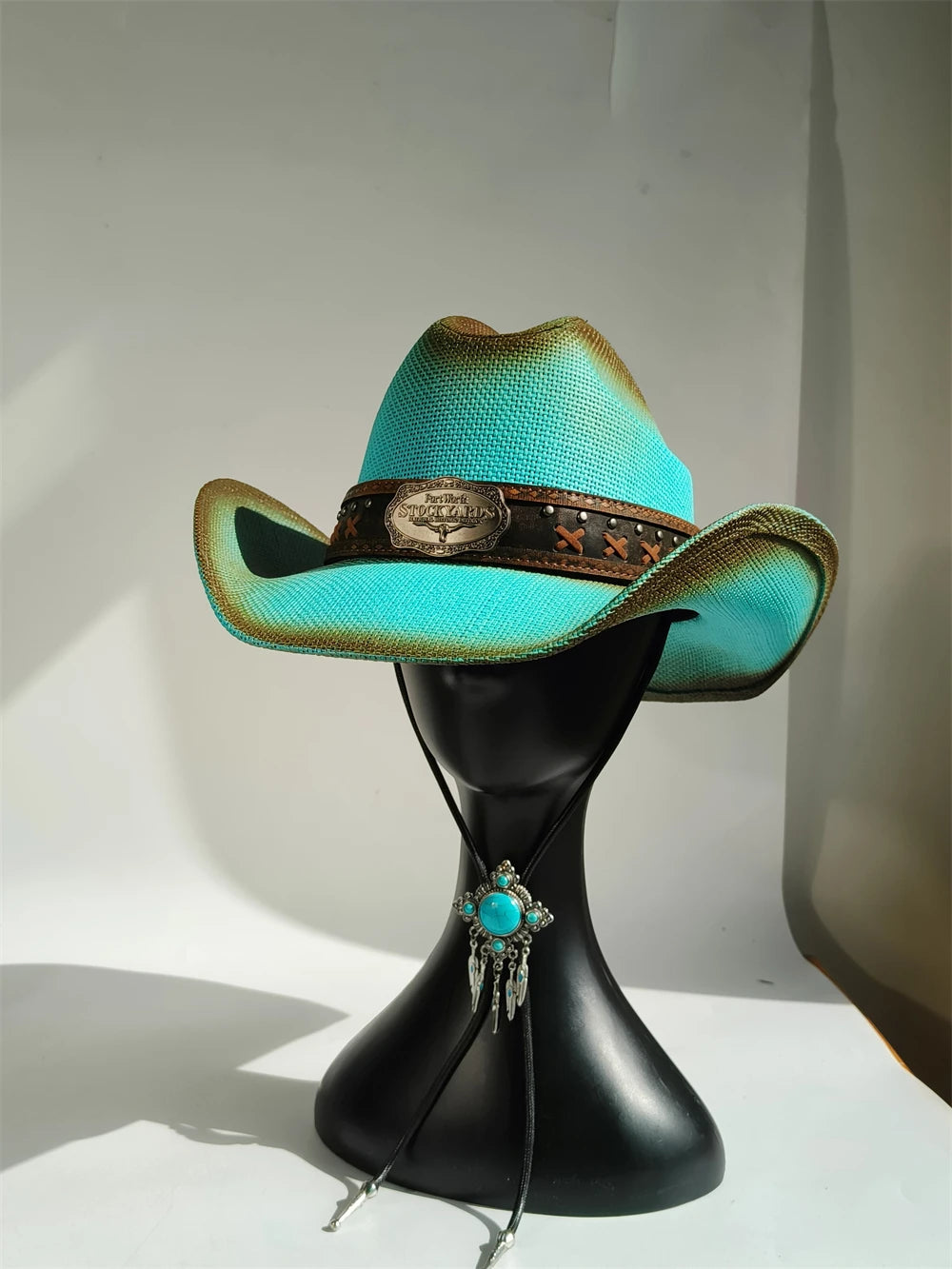Western Straw Cowboy Hat with Turquoise Bolo Tie