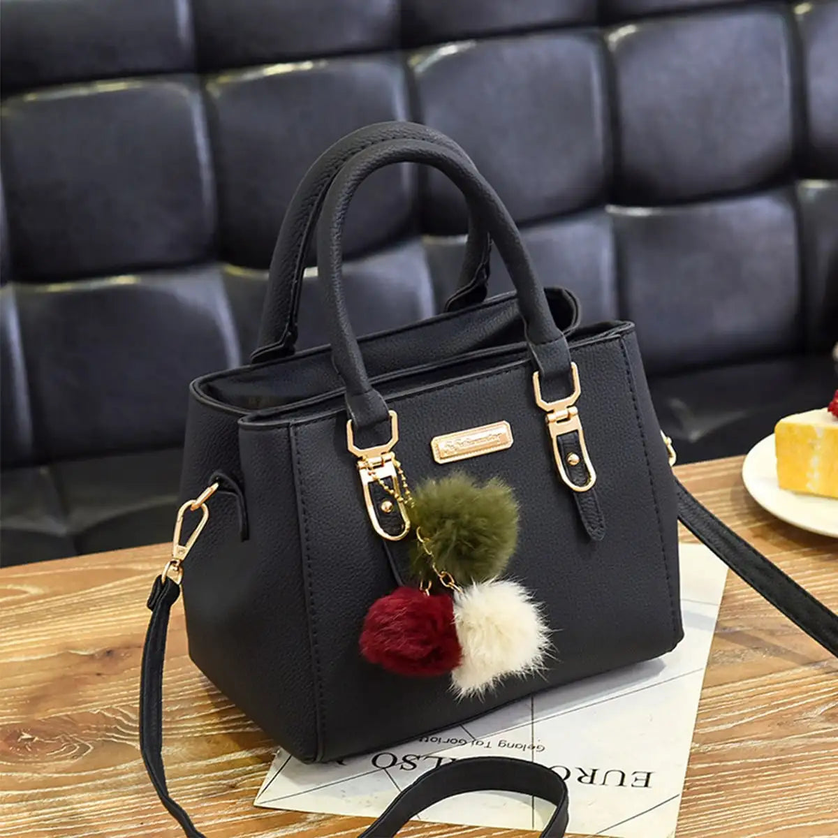 Vintage PU Leather Handbag | Plush Tassel Boston Shoulder Crossbody Bag