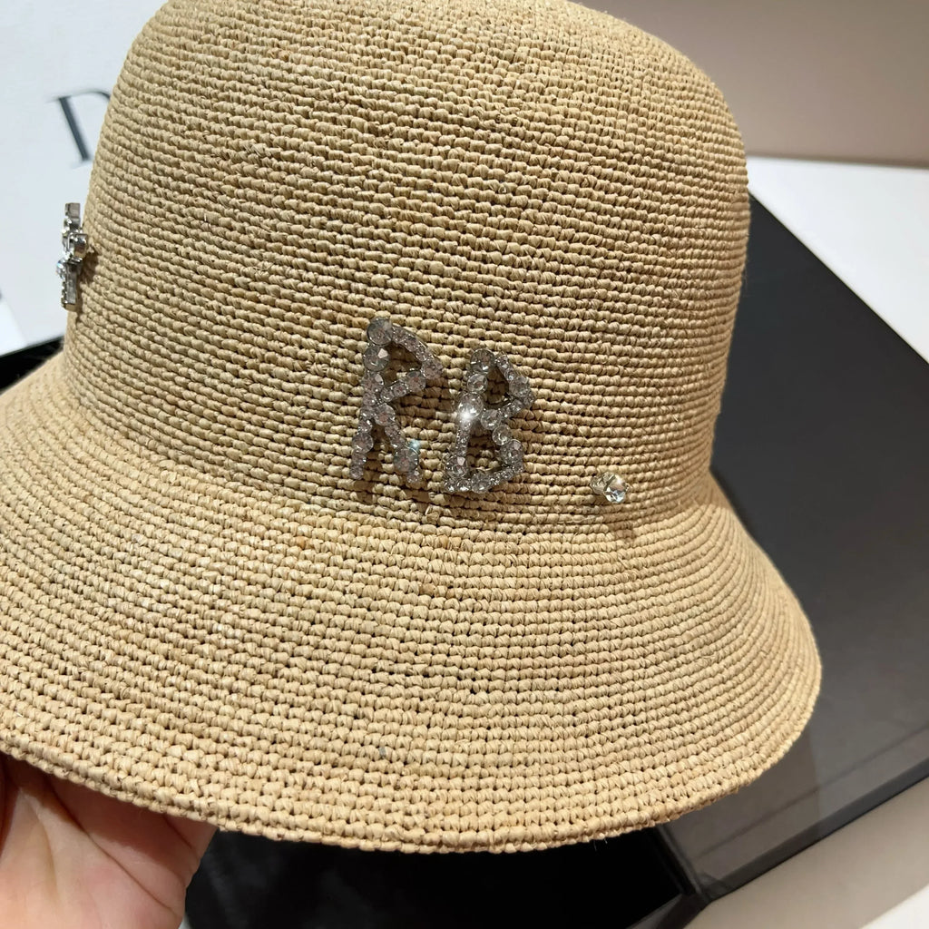 Rhinestone Luxury Raffia Crochet Bucket Hat