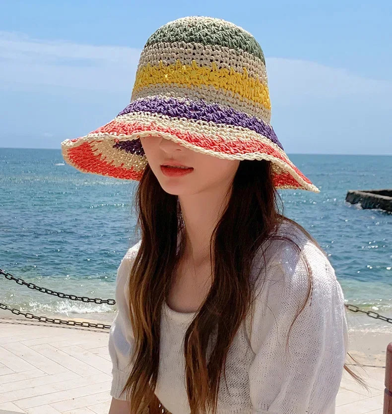 Rainbow Striped Crochet Bucket Hat | Boho Beach Sun Hat
