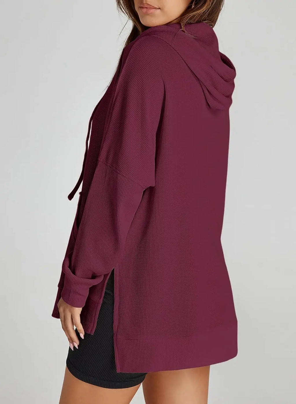 Maroon waffle knit hooded sweatshirt, plus size pullover shown from the side