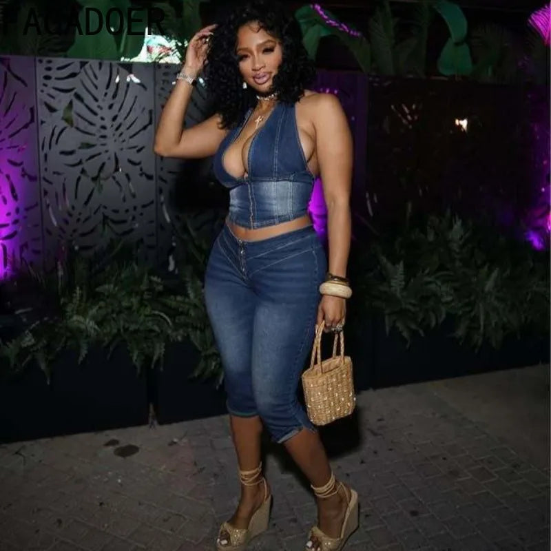 Y2K Denim Halter Crop Top & Jeans 2-Piece Set | Backless Streetwear for Women