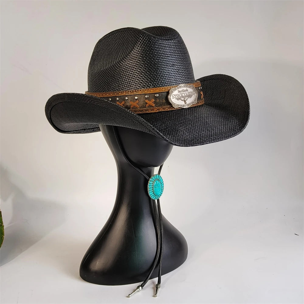 Western Straw Cowboy Hat with Turquoise Bolo Tie