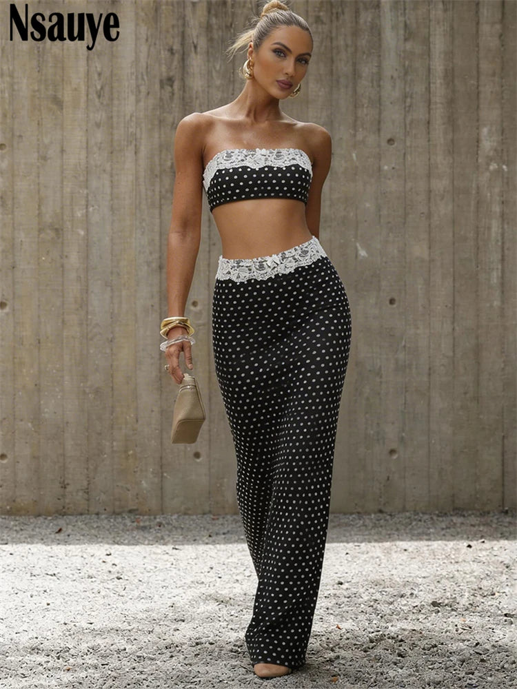 Black polka dot bandeau crop top and high-waist maxi skirt set, white lace trim