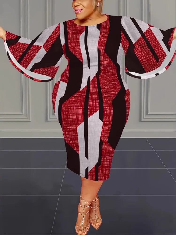Plus size midi dress, loose fit O-neck, empire waist, red white and black striped print