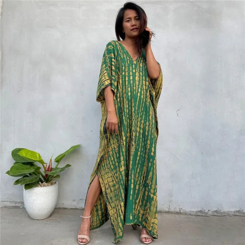 Women’s bohemian beach kaftan dress, deep green with gold patterned print, V-neck maxi