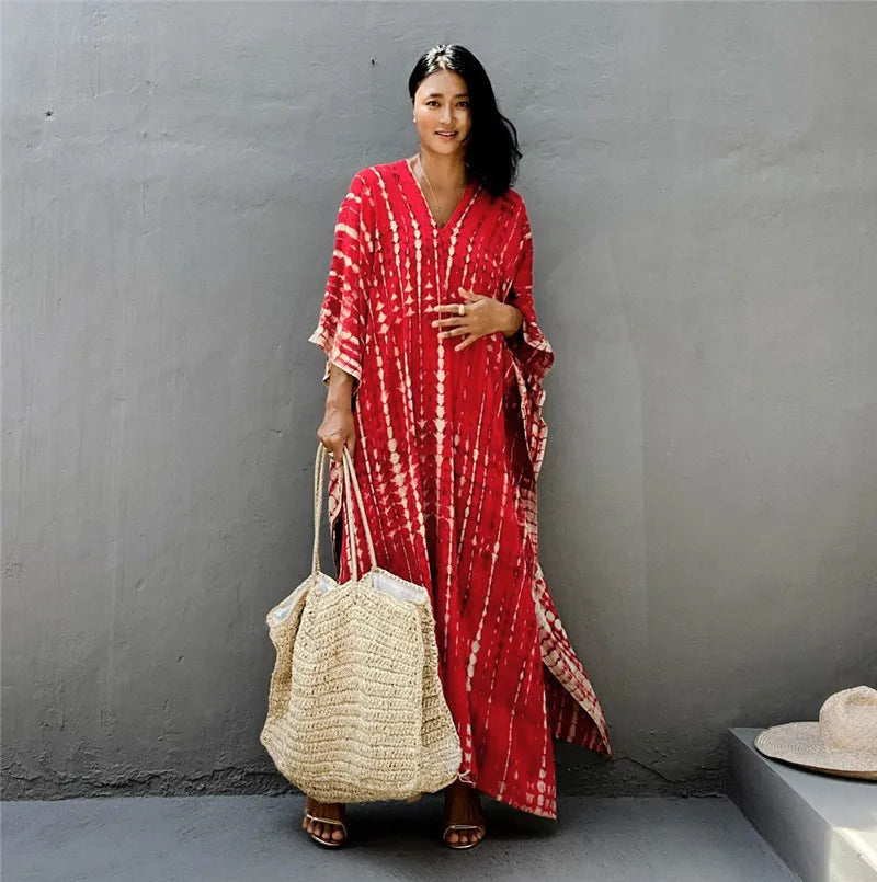 Bohemian Striped Beach Dress | Printed Kaftan Swimsuit Cover Up for Women