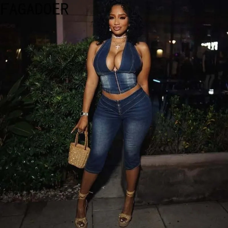 Y2K Denim Halter Crop Top & Jeans 2-Piece Set | Backless Streetwear for Women