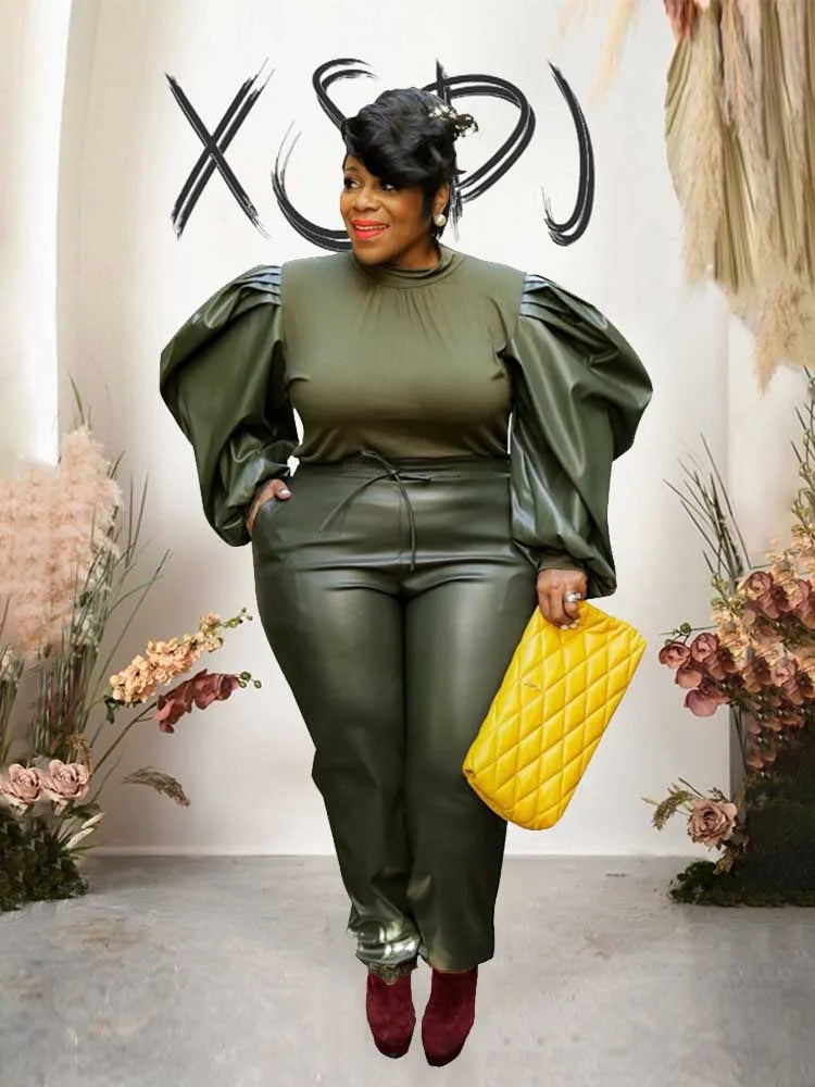 Women's olive green puff-sleeve knit top and faux leather pants set with ruched waistband