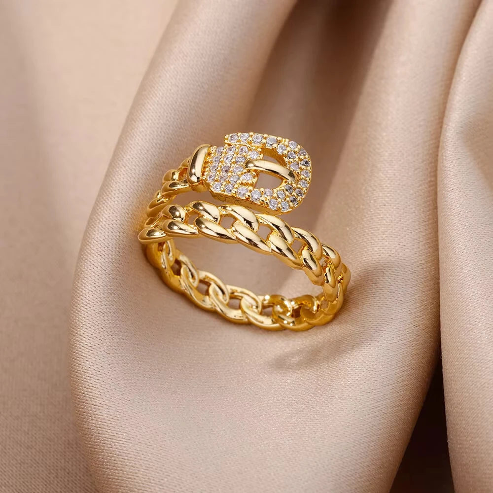 Zircon Geometric Ring Collection | 18K Gold-Plated Adjustable Stainless Steel Rings for Women
