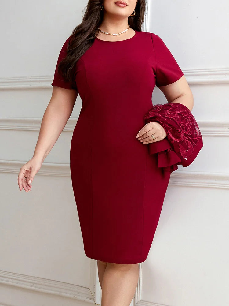 Plus-size bodycon dress with burgundy embroidered jacket overlay, short sleeves