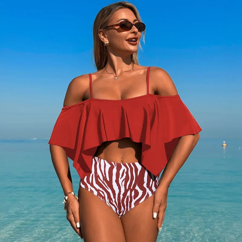 Women's Black Leaf Print Tankini Set | Ruffle High-Waist Two-Piece Swimsuit with Skirt | S–XL
