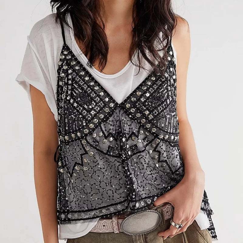 Black beaded sequin halter crop top with V-neck and open mesh overlay