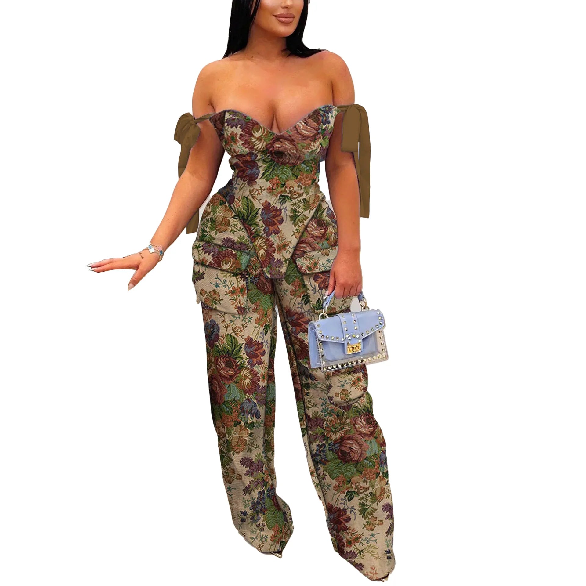 Oil Painting Print Lace-Up Crop Top & Wide-Leg Pants Set