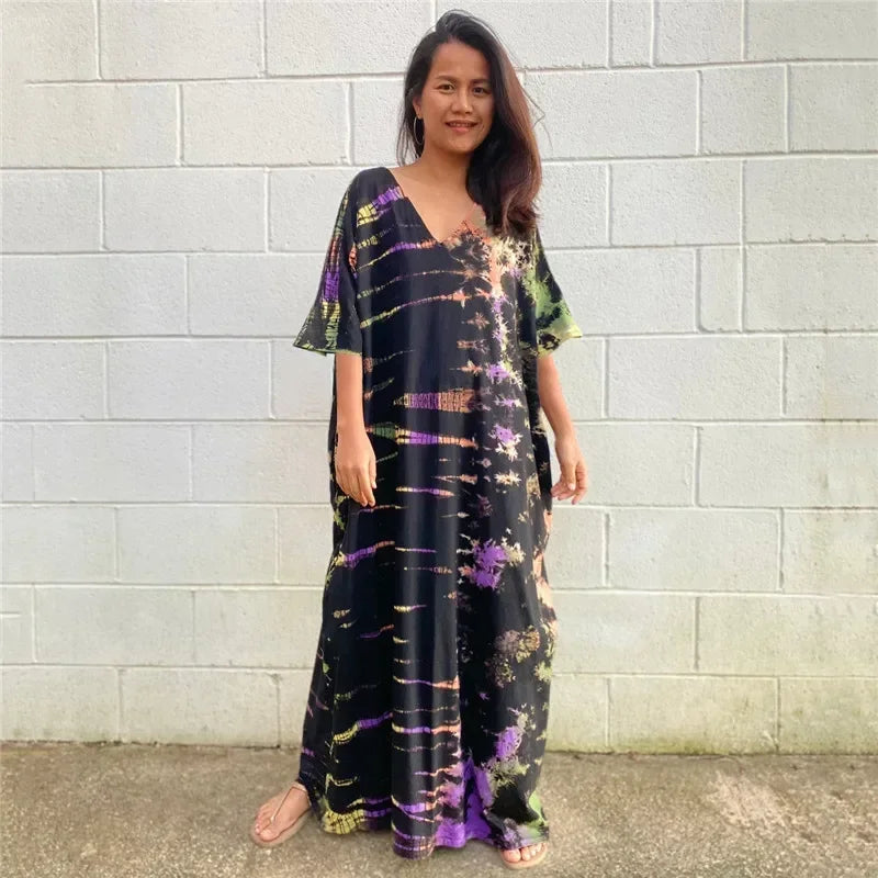 Women’s bohemian beach kaftan dress, black with purple and yellow tie-dye print, V-neck maxi