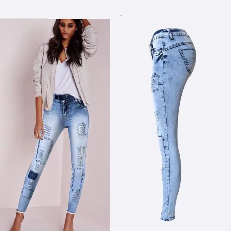 Sky Blue Patchwork Skinny Jeans | Low Waist Stretch Pencil Denim for Women