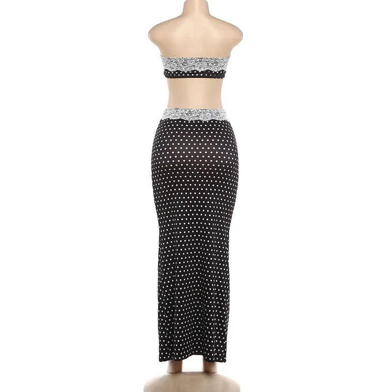 Women’s polka dot crop top and maxi skirt set, black with white dots