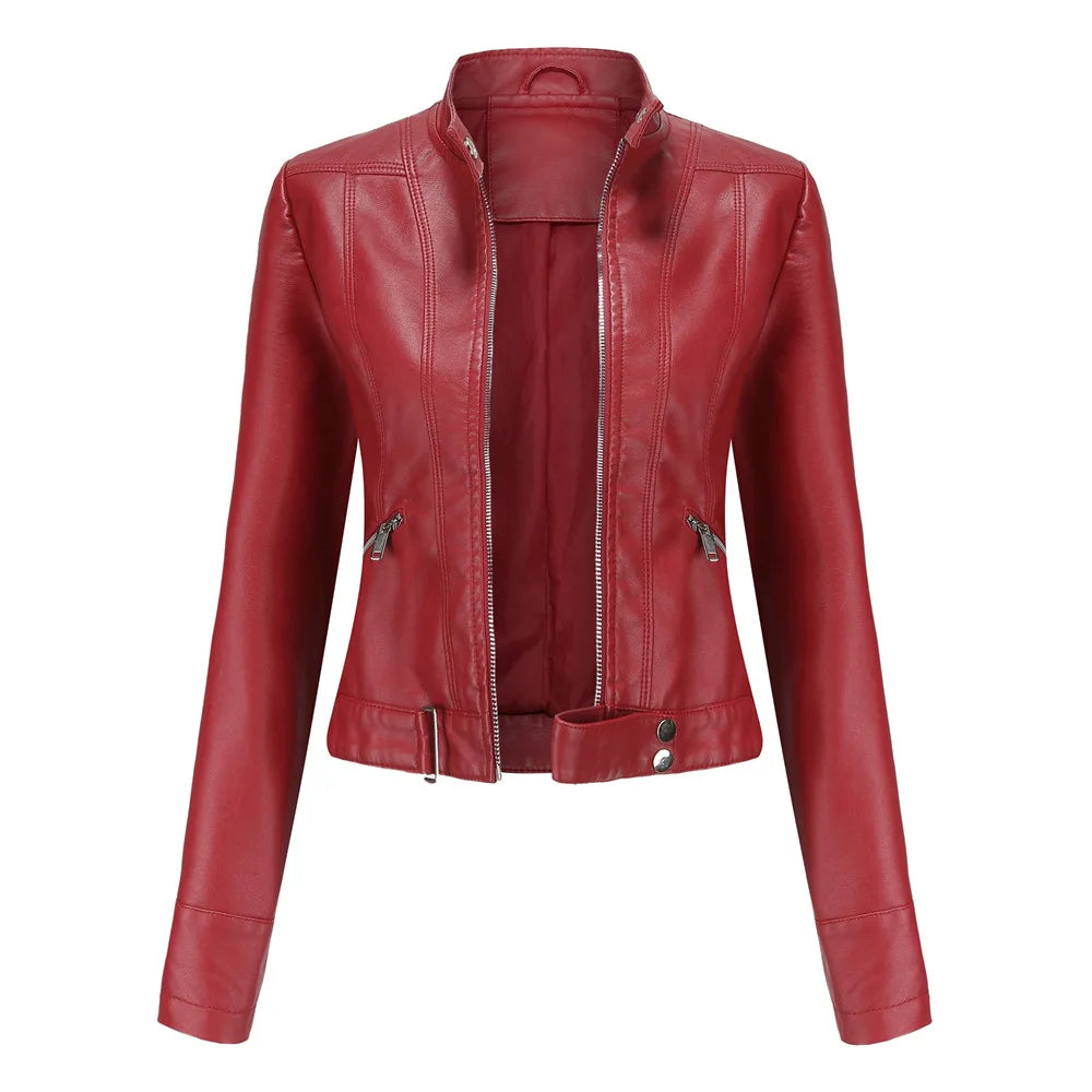 Wine red faux leather zip-up moto jacket with mandarin collar and front zipper