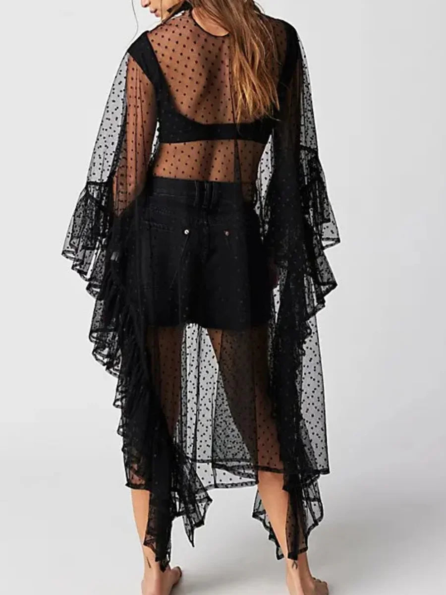 Sheer Ruffle Trim Poncho Cover-Up | Flowy Cape Shawl for Women