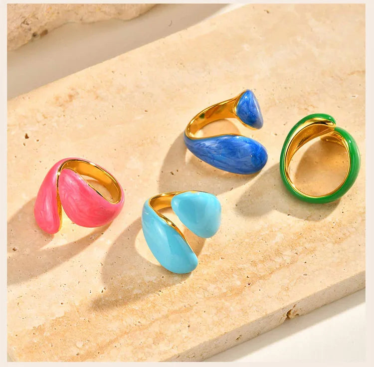 Chunky Enamel Crossover Ring | Bold Geometric Stainless Steel Stackable Ring for Women