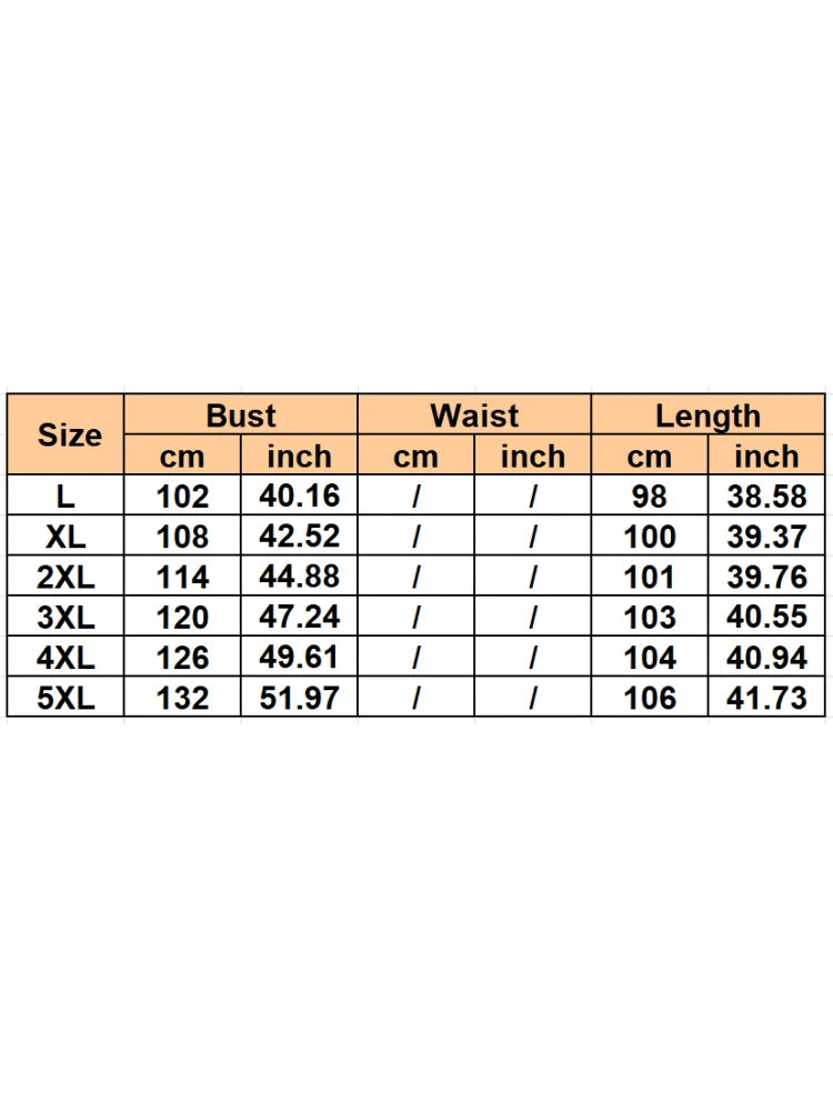 Size chart table with bust, waist, and length measurements for plus sizes L–5XL