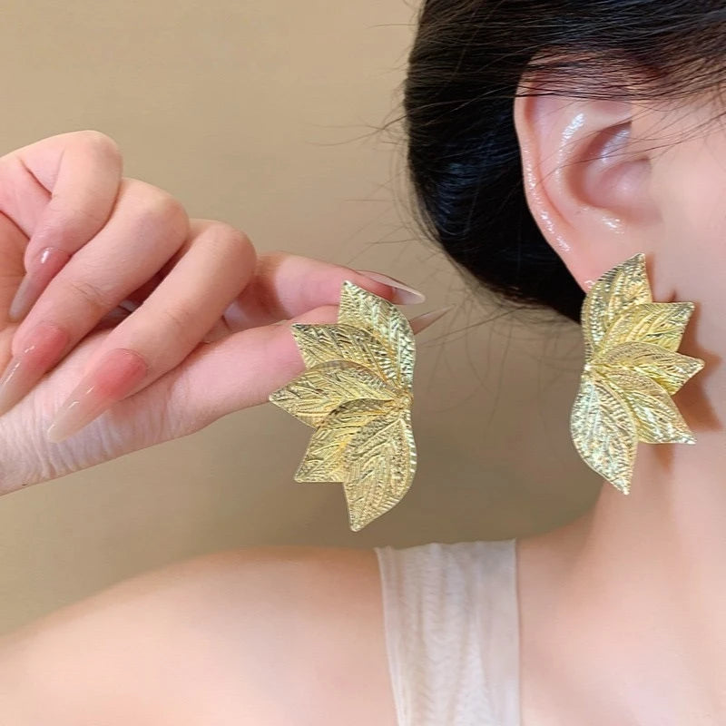 Oversized Gold Leaf Drop Earrings | Exaggerated Plant Drop Earrings for Women