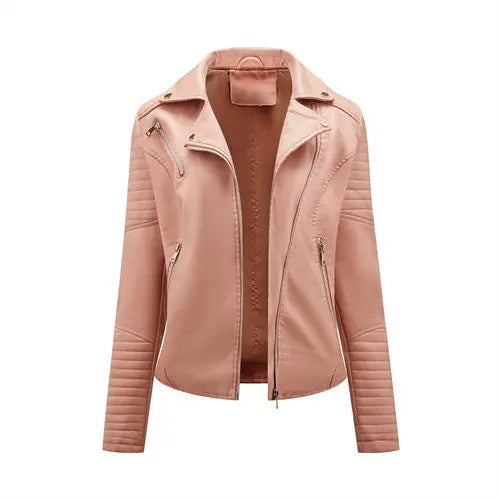 Light pink faux leather biker jacket with v-neck, front zip, and zip pockets