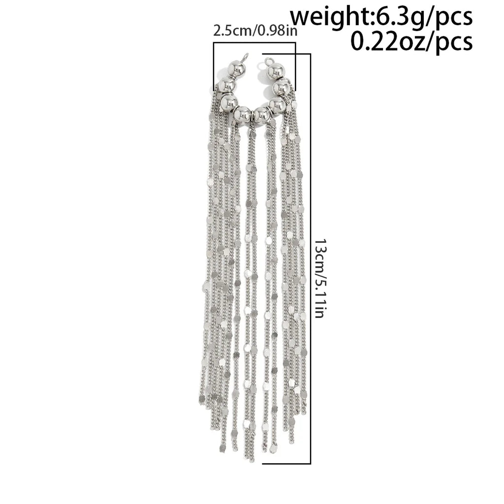 Silver long chain tassel ear clips with round bead tops and many dangling strands