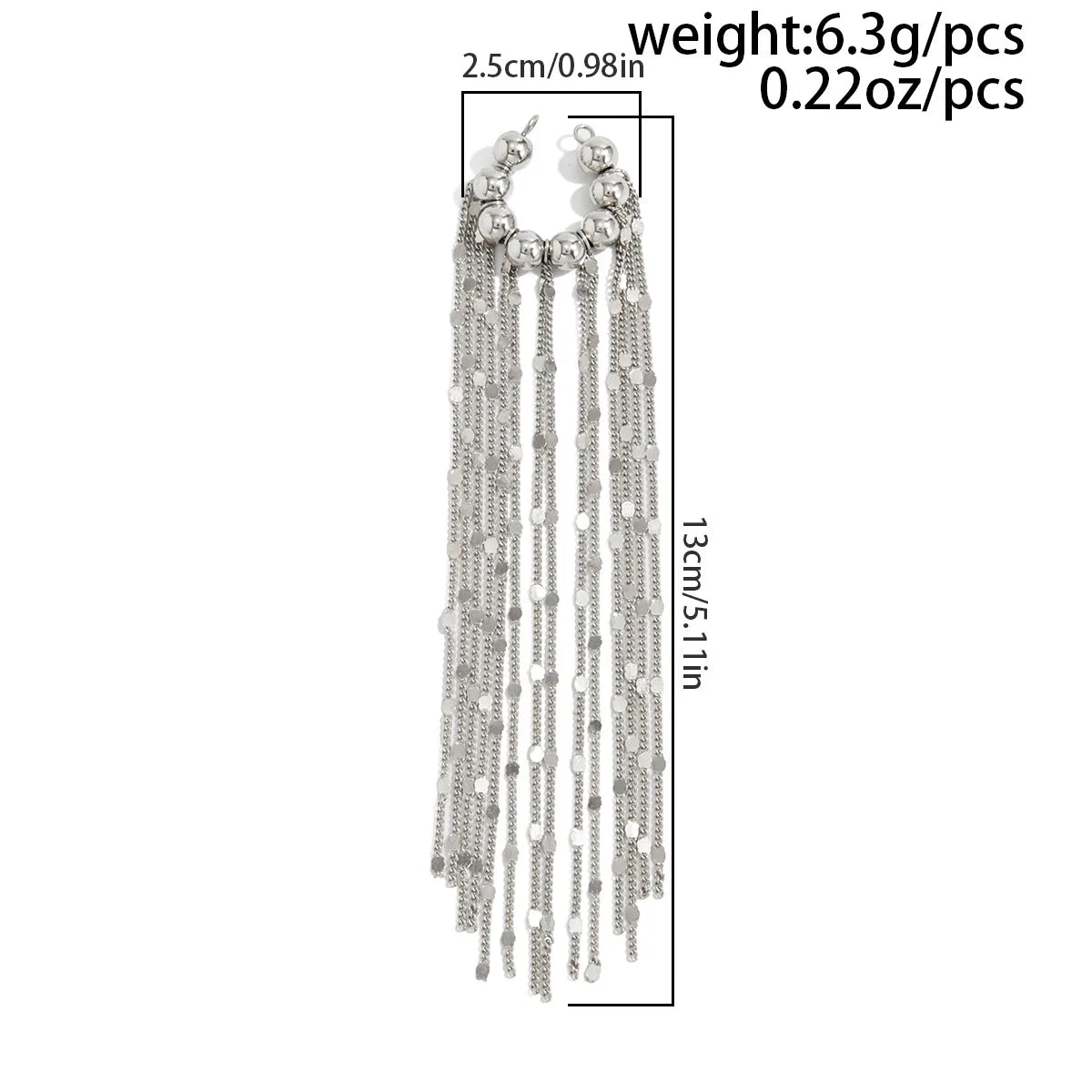 Silver long chain tassel ear clips with round bead tops and many dangling strands