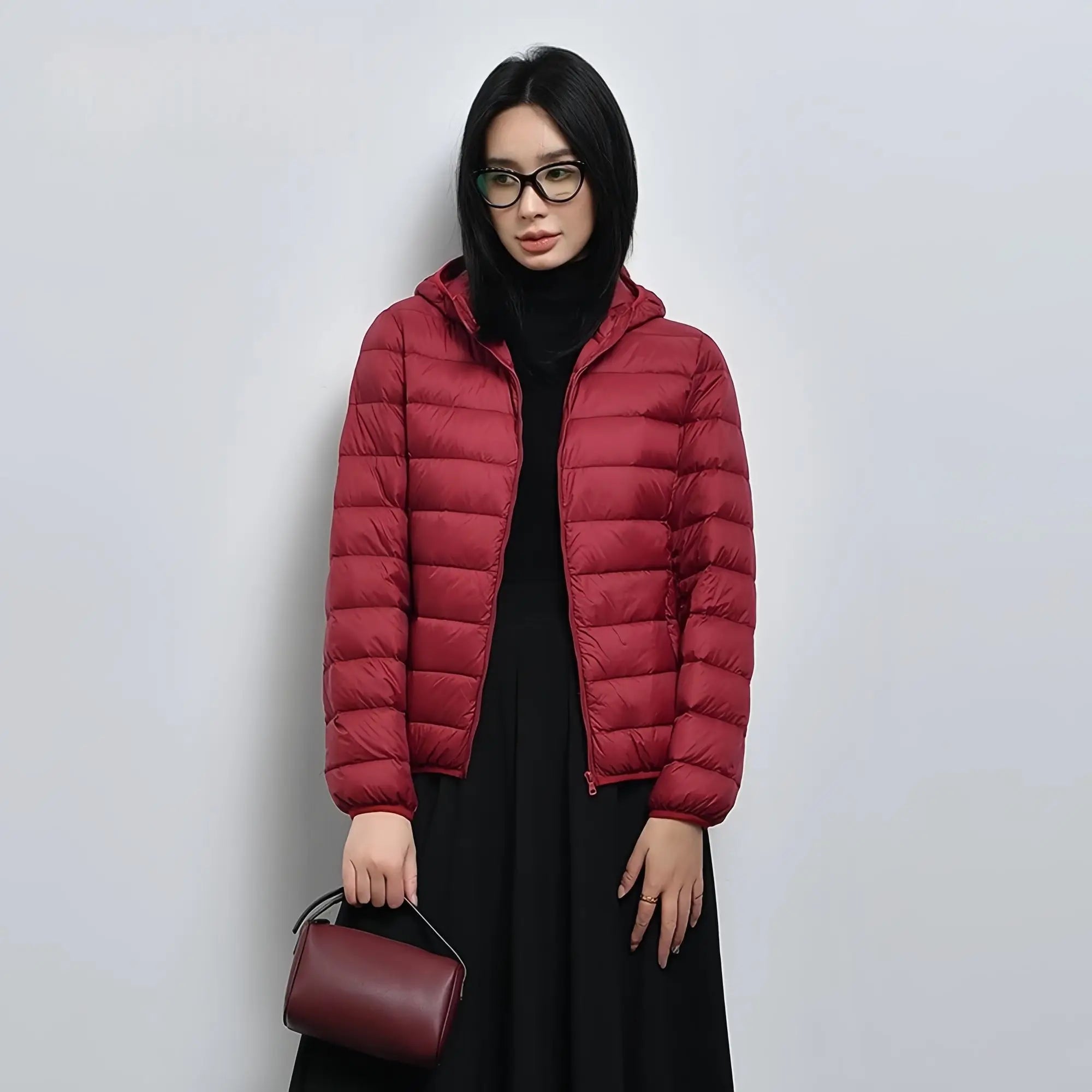 Women’s short puffer jacket, burgundy red, full-length zipper and hood