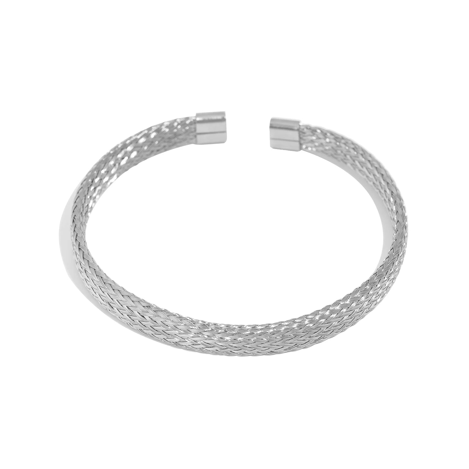 Silver-tone woven open bangle bracelet with textured braid and flat clasp ends