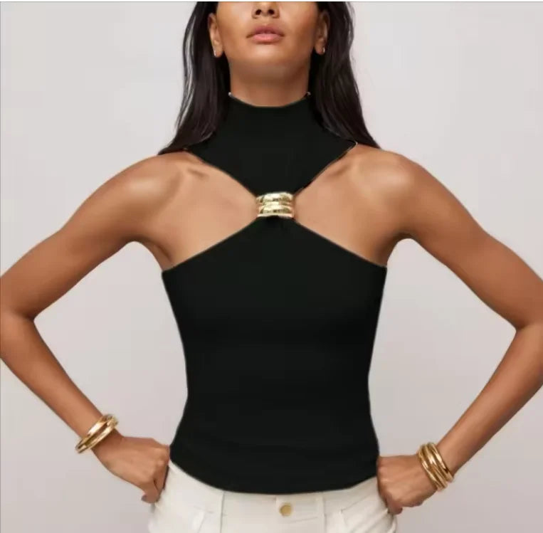 Black off-shoulder sleeveless crop tank with metal ring centerpiece at the bust