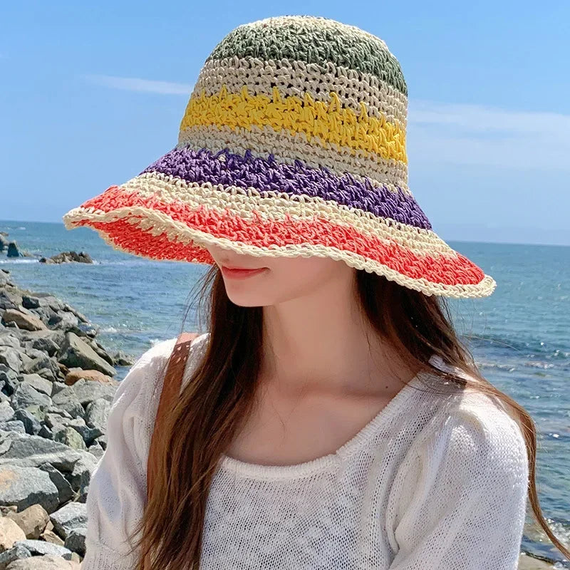 Rainbow Striped Crochet Bucket Hat | Boho Beach Sun Hat
